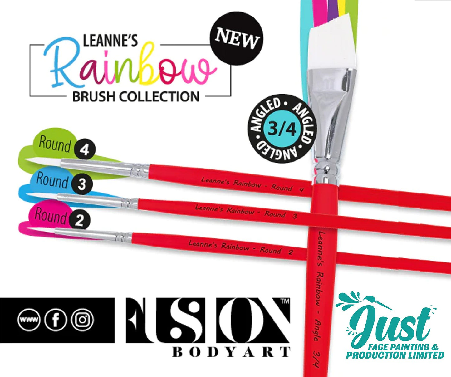 Fusion brush - LEANNE'S RAINBOW - Face Painting Brush with White Tacklon Bristles - 3/4 Angled Brush